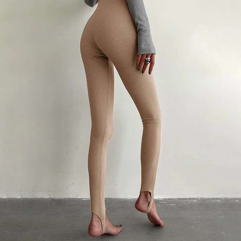 

Ribbed Knit Leggings For Women Beige High Waist Cotton Fitness Basic Pants Stretch Skinny Yoga Leggings Gym Step pants