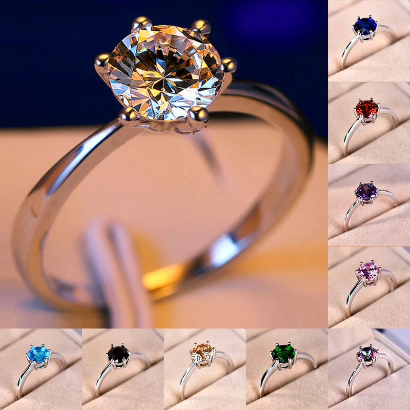 

Classic Female Rainbow Crystal Stone Ring Charm Silver Color Thin Engagement Rings For Women Luxury Round Zircon Wedding Jewelry