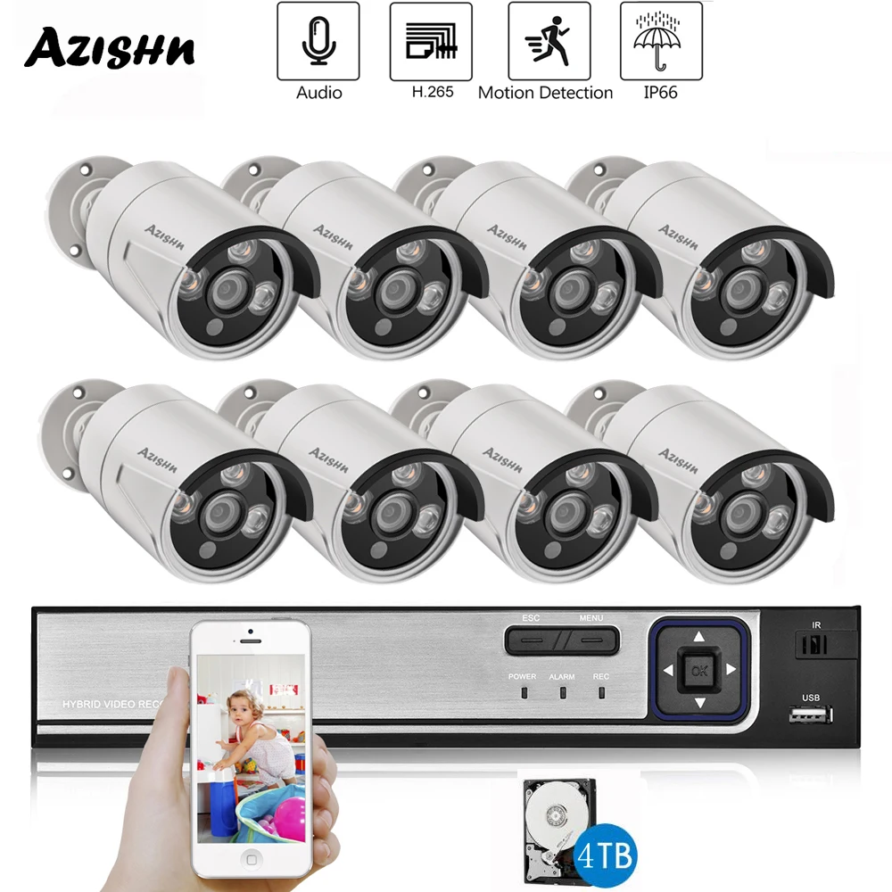 

AZISHN H.265 8CH HD 3MP 2304*1296 POE Security System Kit Audio IP Camera IR Metal Outdoor Waterproof CCTV Surveillance NVR Set