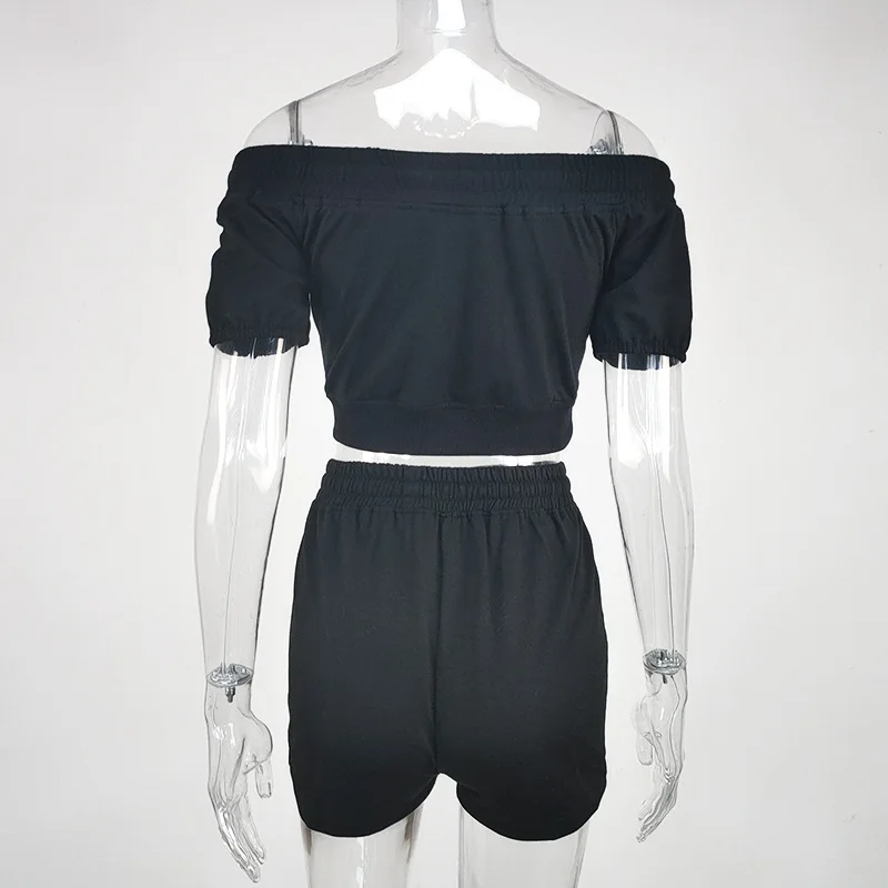 

sexy off shoulder slash neck short sleeve crop top+woman shorts two piece outfits for women Black lounge wear matching sets