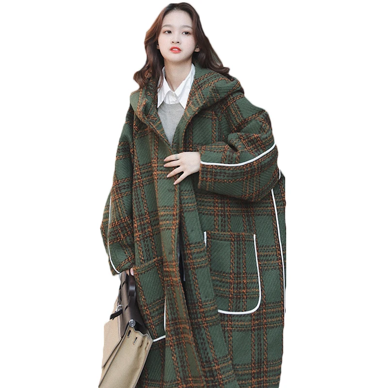 

Overcoat Women Wool Jackets 2021 New Autumn Winter Mid-length Thick Plaid Woolen Coat Female Hooded Overcoats 107B