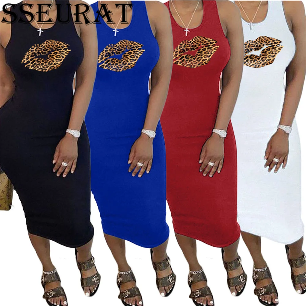 

SSEURAT 2022 Summer Fashion Women Leopard Lips Sleeveless Midi Dress Sexy Casual Basic Club Bodycon Tight Dresses
