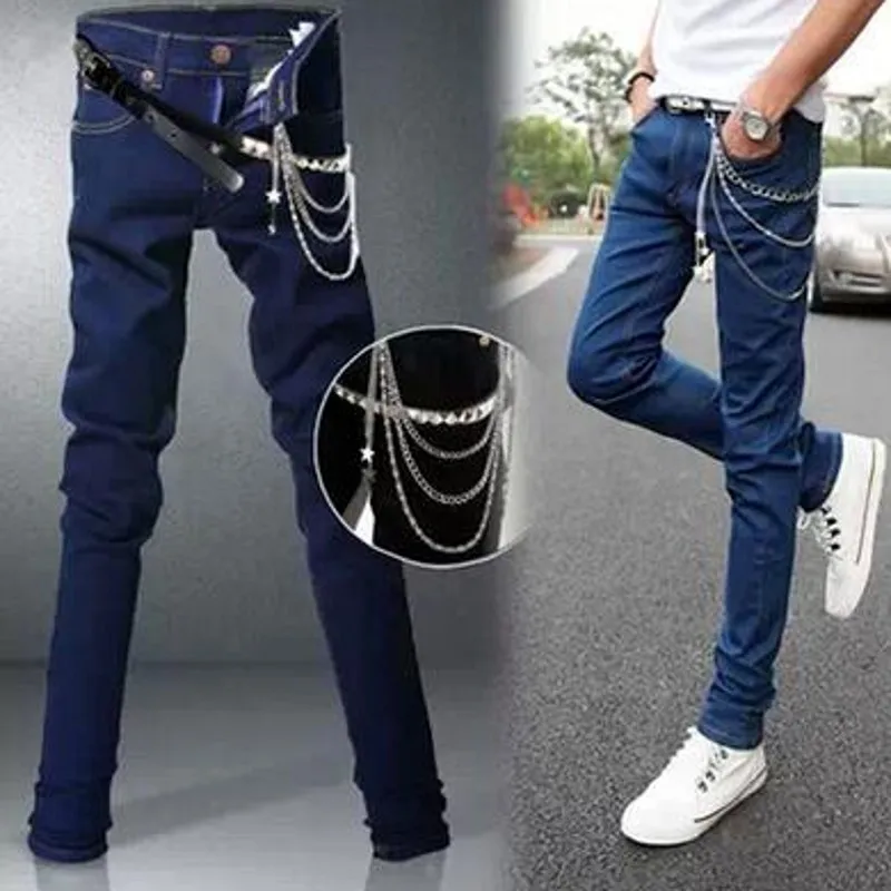 Мужские джинсовые брюки в стиле панк с заклепками и цепочкой Длинные облегающие