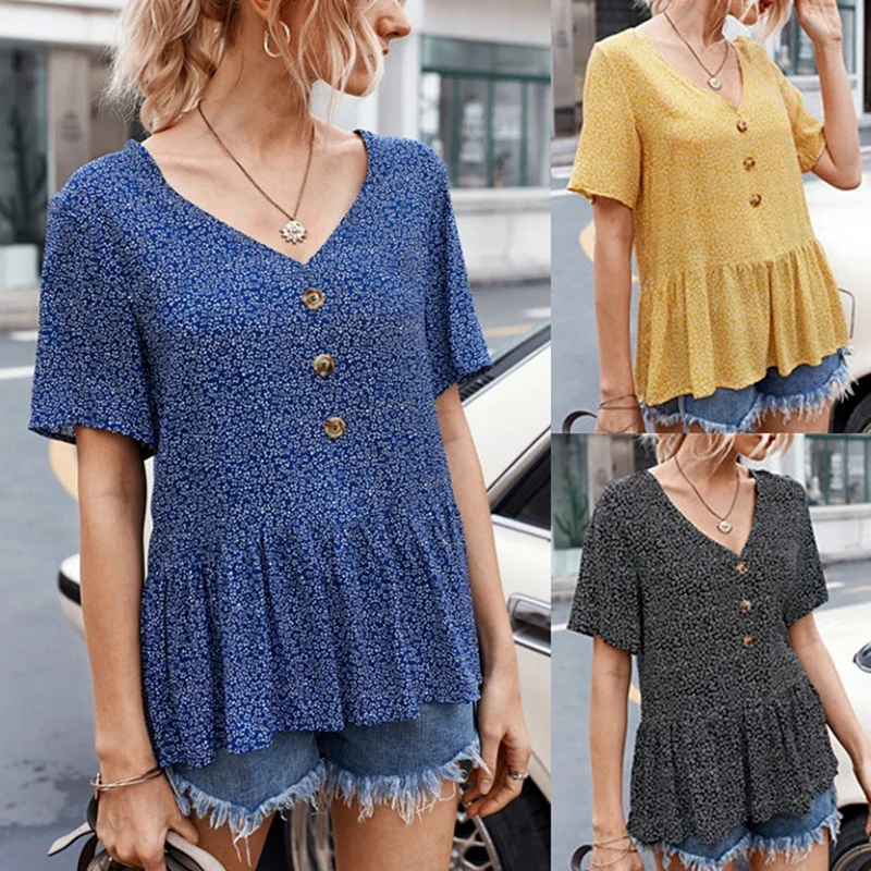 

Женский Свободный Топ в стиле бохо с цветочным принтом и пуговицами спереди, Женские топы с v-образным вырезом и коротким рукавом