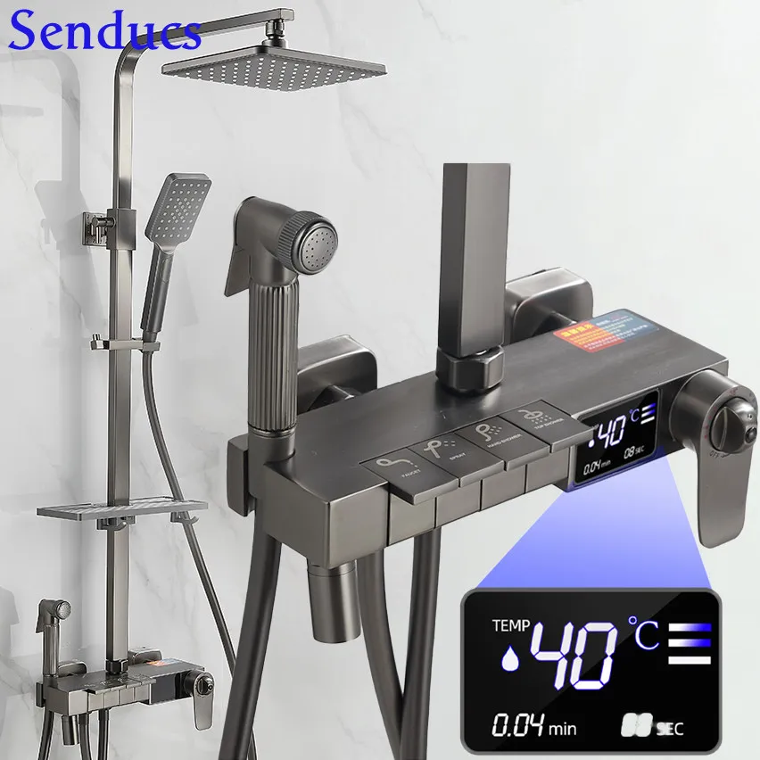 

Hot Cold Digital Bathroom Shower Set Wall Mounted Thermostatic Bath Shower Set Piano Keys 12inch Pvc Pressure Shower Fixtures