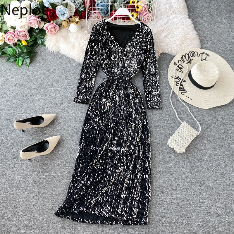 Элегантное Длинное Платье с v-образным вырезом и блестками ТРАПЕЦИЕВИДНОЕ ПЛАТЬЕ