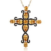 gz zongfa genuine 925 sterling silver cross pendant for women natural citrine black spinel necklace 14k gold plated fine jewelry