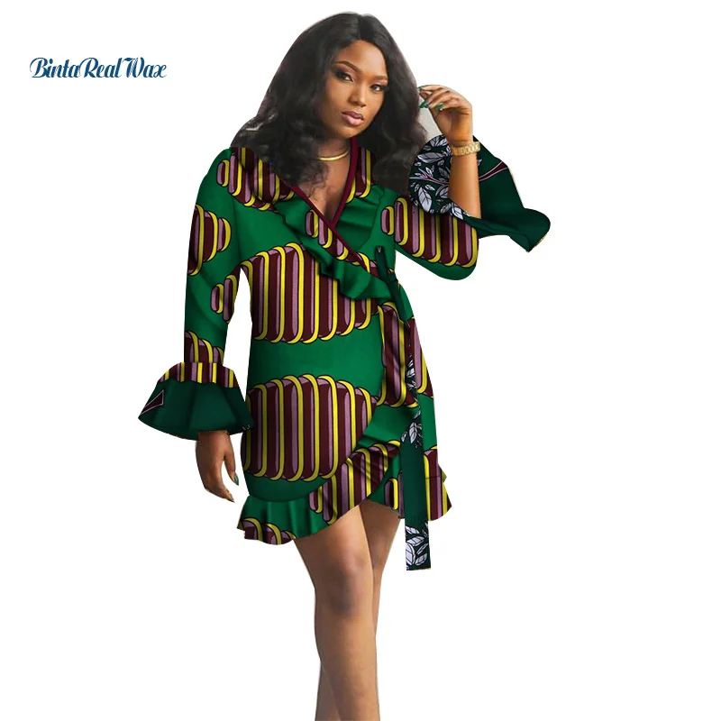 

African Print Dresses for Women Bazin Riche Cotton Ankara Draped Knee-length Dresses African Women Clothing WY3911