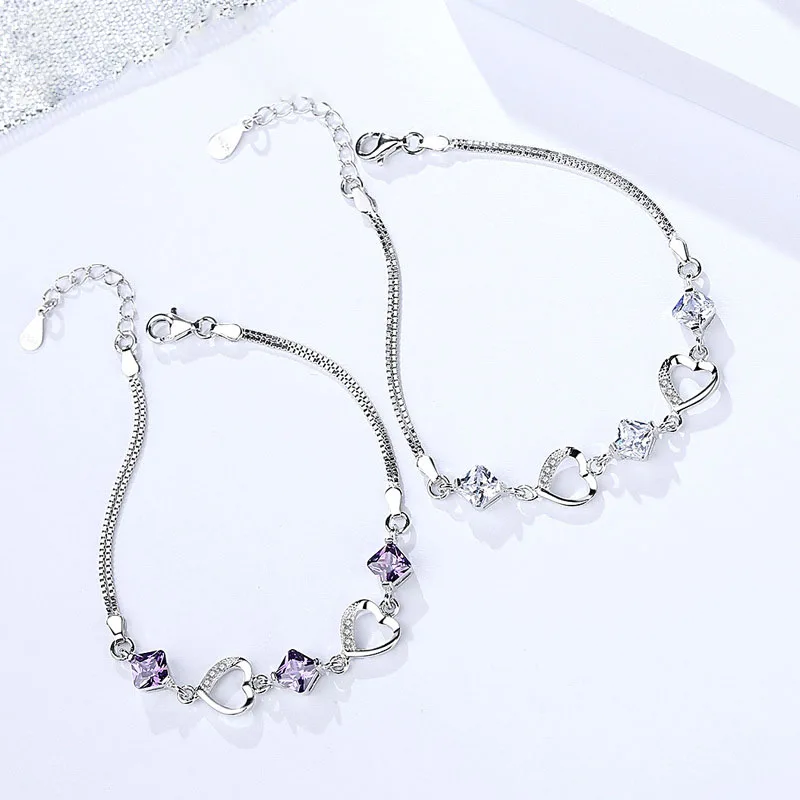 

New accessories S925 pure silver small fresh heart Amethyst Bracelet