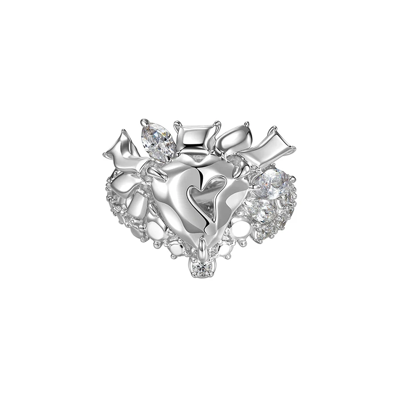 

YVMIN YVMIN Ripple Series Melting Square Heart-Shaped Gemstone Ring 925 Silver Hollow Design Wide Ring