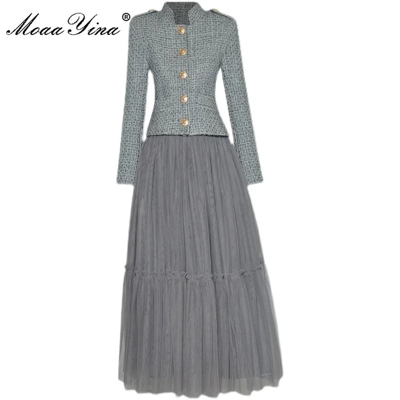 

MoaaYina, дизайнерский костюм с юбкой на осень и зиму, Женский однобортный твидовый пиджак со стоячим воротником + сетчатая юбка с эластичной резинкой на талии, комплект из 2 предметов