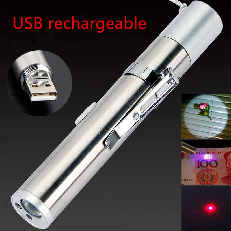 Мини красная лазерная указка USB Перезаряжаемый 3 в 1 фонарик перезаряжаемый УФ-фонарик лазер ручка Powerpoint многофункциональные лазеры