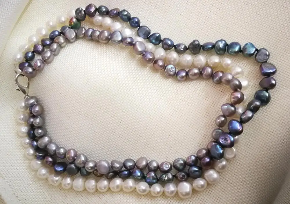 

3 Strands 9mm white gray black colors baroque flat pearl necklace natural freshwater pearl Woman Jewelry 35cm 14'' 43cm 17''