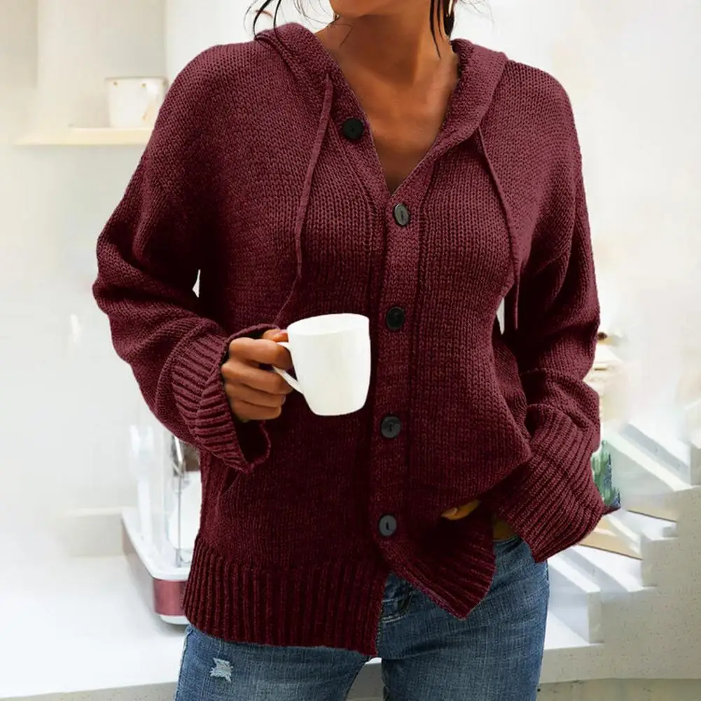 

Drawstring Lady Solid Color Hooded Single Breasted Sweater for Gathering