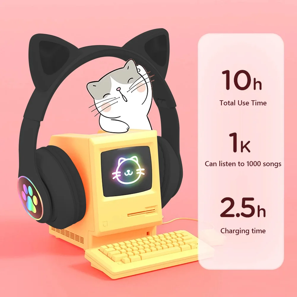 

Cute Cat Ear Headphones LED Display Music Sports Earphone with LED Lights Bluetooth 3.5mm Headsets for PC Tablet