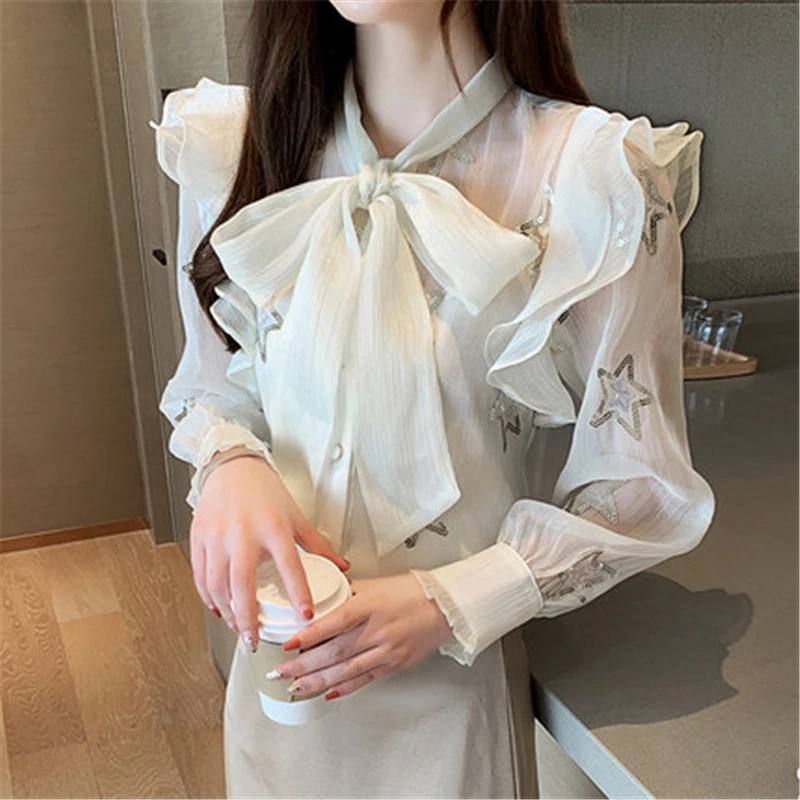 

Cacah Up2021NEW spring and summer long-sleeved chiffon shirt women's bow sequined mesh see-through shirt girl party casual top