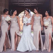 Cheap Bridesmaid Dresses Mermaid Spaghetti straps Satin Appliques Lace Long Wedding Party Dresses