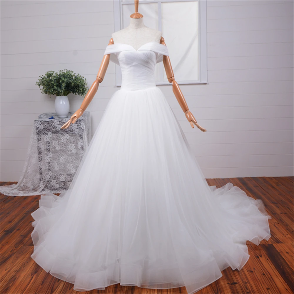 

Exquiste White Tulle Bridal Dresses 2019 Off The Shoulder Ball Gown Court Train Ruffles Custom-Made Wedding Gowns 2019