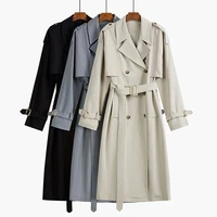 womens long trench coat with sashes solid ladies spring autumn windbreaker double breasted elegant overcoat for female 2021
