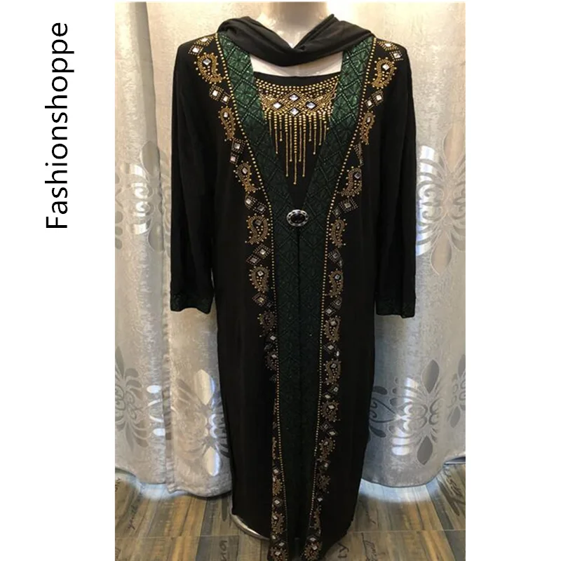 Black Green Мусульманская черная абайя Исламская одежда для женщин вышивка Стразы Дубай Кафтан халат платье Турецкий абайя D253 - Цвет: Black Green