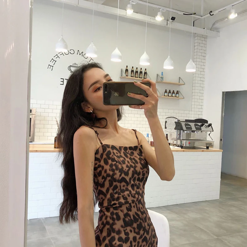 Леопардовое платье для девушек винтажное тонкое без рукавов на бретельках топ