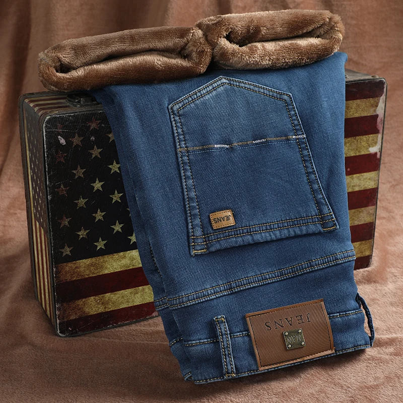 Winter Men's Warm Jeans Classic Style Fashion Casual High Quality Retro Blue Thicken Denim Trousers Male Brand Pant