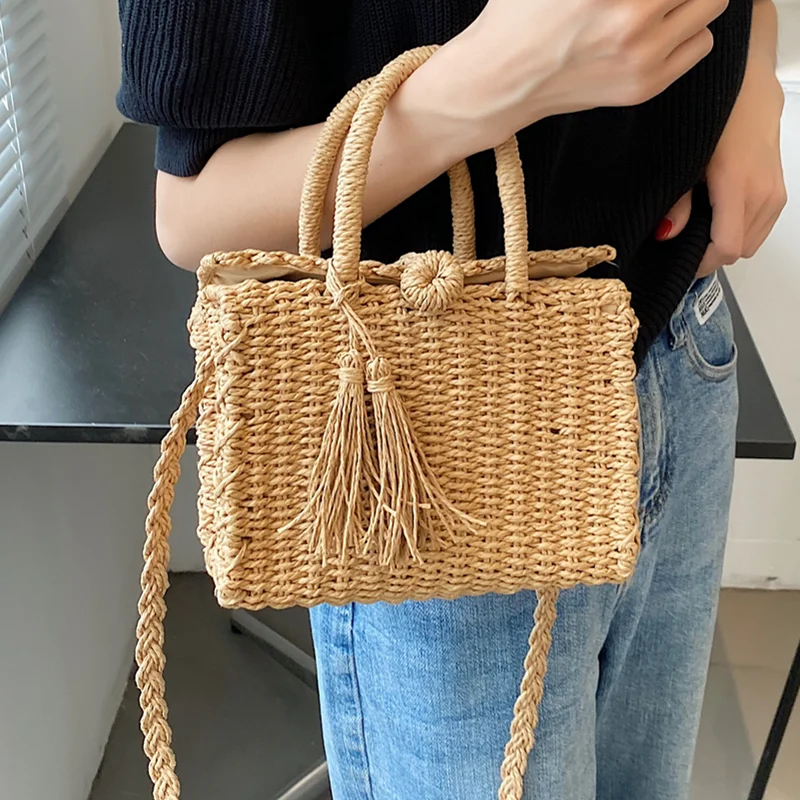 

Женская сумка-тоут в форме коробки, модная дизайнерская сумка на плечо с кисточками, женская сумка ручной работы, пляжная сумка из ротанга