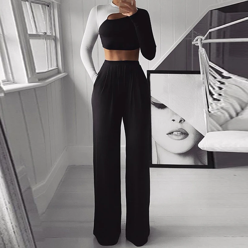 

Autumn Women Fashion Two Piece Set Sexy Hollow Out Crop Long Sleeve Tops+Elastic Waist Long Pant Elegant Patchwork Slim Outfits