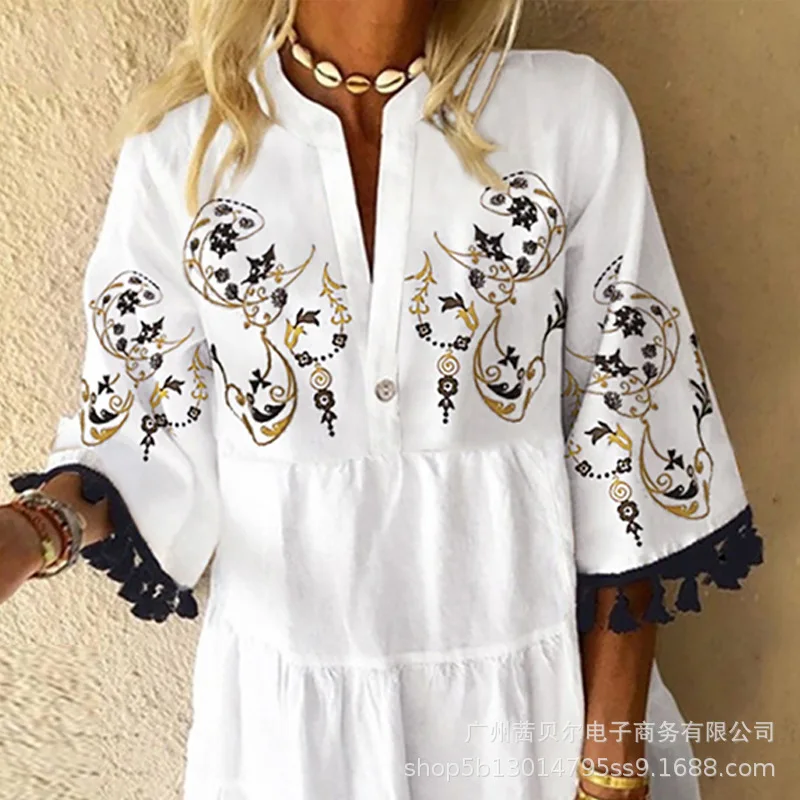 

WEPBEL Autumn Three Quarter Sleeve V-neck Loose Knee-Length Dress Women's Vintage Print Tassel Casual Dress