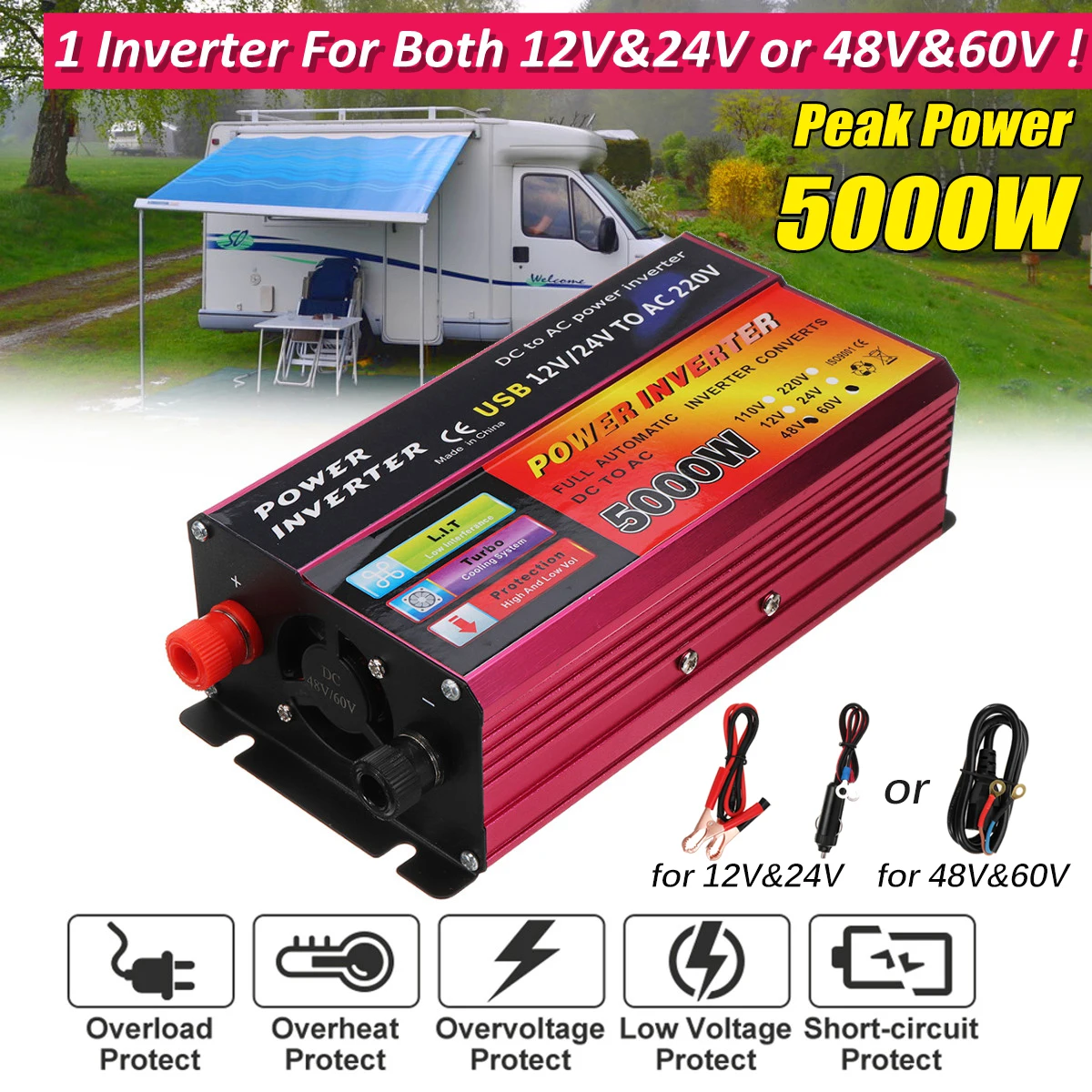 Инвертор 12 V/24 V 220V 5000 Вт пиковый Мощность инвертор Напряжение конвертер трансформатор объемами 48В/60В автоматический адаптивный