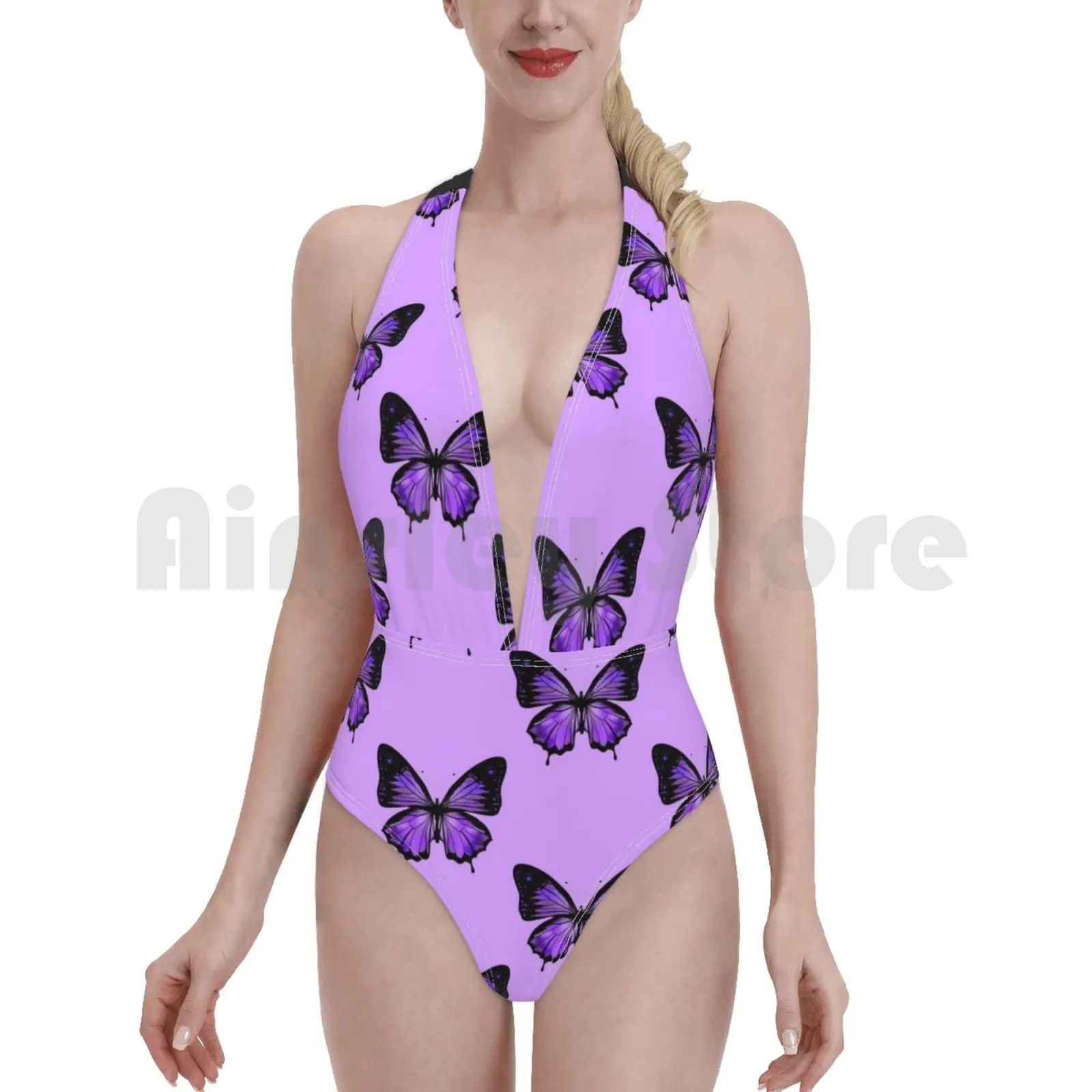 

Purple Swimsuit one piece Bikini Padded Purple Butterflies