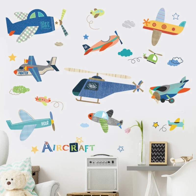 

Cartoon Airplane Wall Stickers Bedroom Kids Room Home Decoration Decals Self-Adhesive Murals Poster