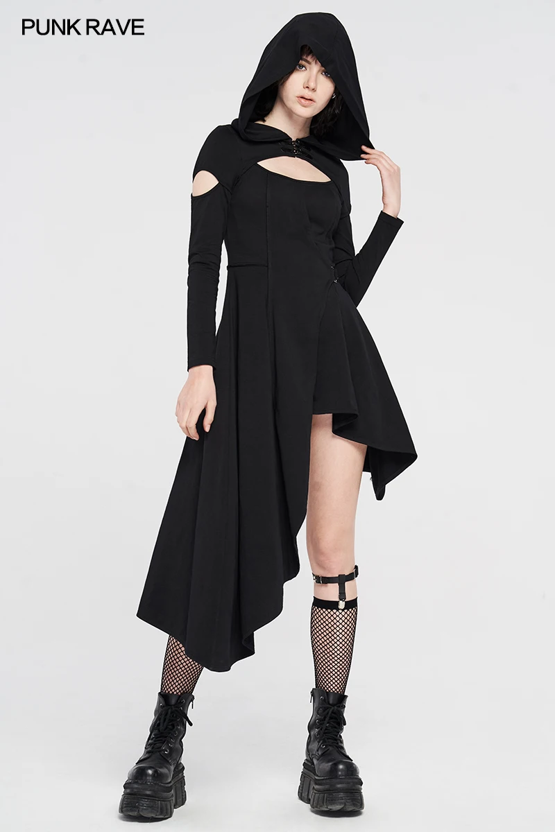 Женское трикотажное асимметричное платье в готическом стиле с капюшоном и