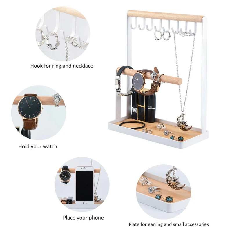 

Jewelry Display Stand Holder with Wooden Ring Tray and Hooks Storage Necklaces Bracelets, Rings, Watches