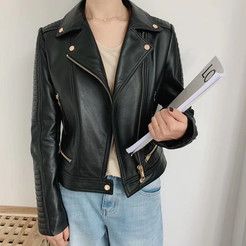 

Natural Women Lambskin Bomber Biker Jacket Long Sleeves 100% Sheepskin Leather Coat H63