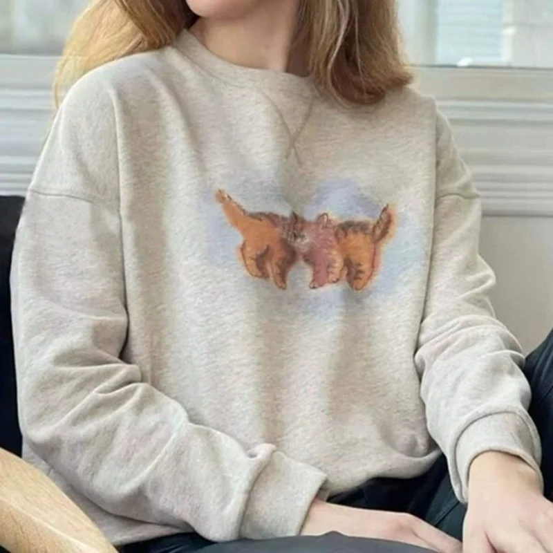 

Новинка 2022, повседневная универсальная Свободная Толстовка с длинным рукавом и круглым вырезом, с рисунком кошки, для ранней весны