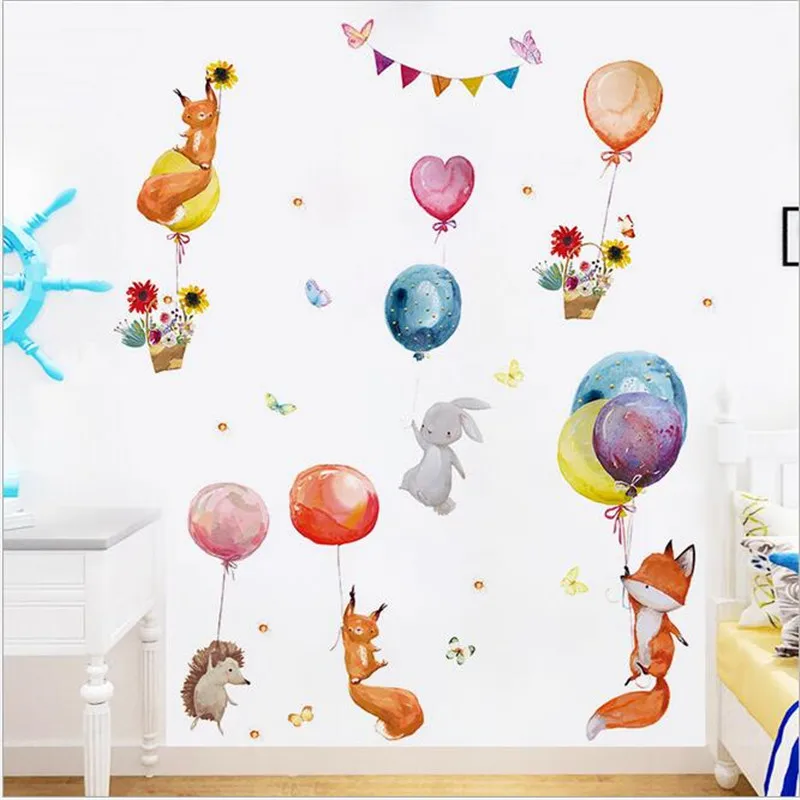 

2PCS Cartoon Fox Balloon Wall Stickers For Kindergarten Children's Room Home Decoration Stickers Removable Wallpaper30*90CM*2