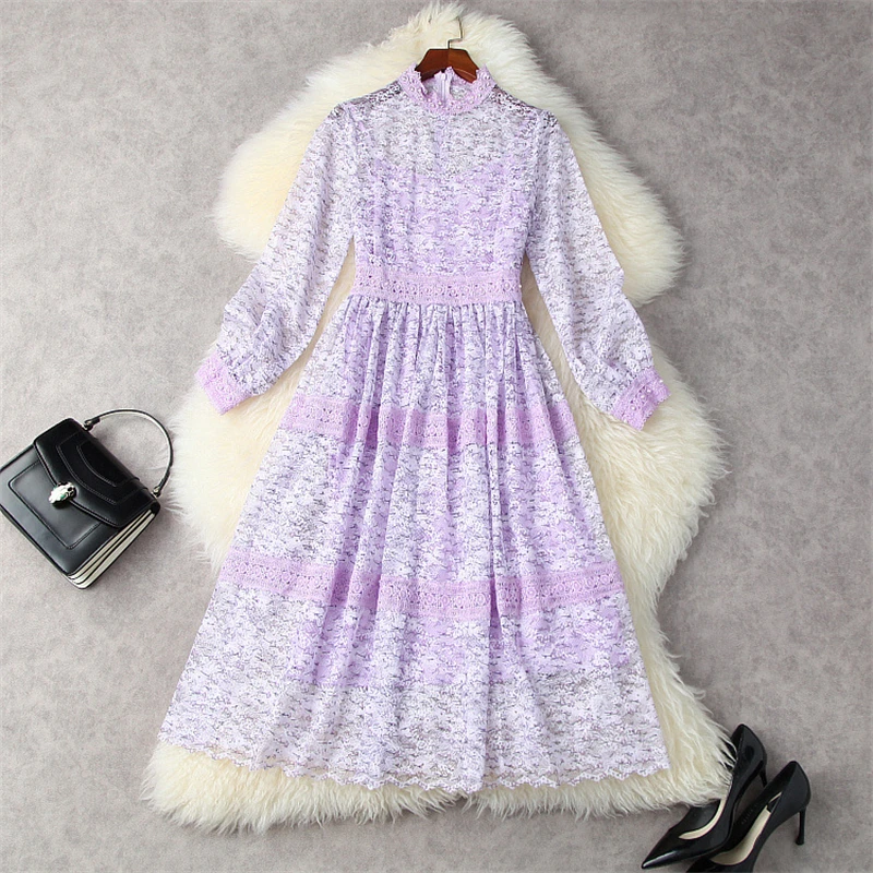 Elegant Lady Stand Collar Beading Hollow Out Lace Dress for Women Autumn Clothes Long Sleeve Fashion Midi Party Sexy Vestidos