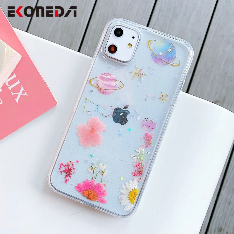 EKONEDA планета и сушеный настоящий цветочный чехол для iPhone 7 6 6S 8 Plus X XS Max XR 11 Pro Чехол