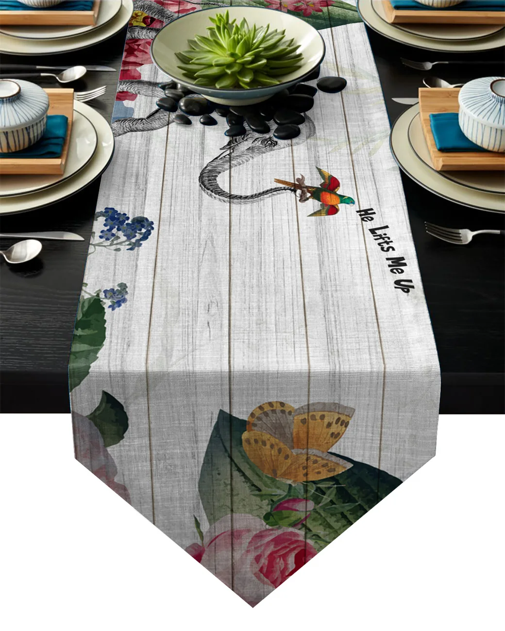 

Wood Elephant Flowers Butterflies Birds Table Runner Table Flag Home Party Decorative Tablecloth Table Runners