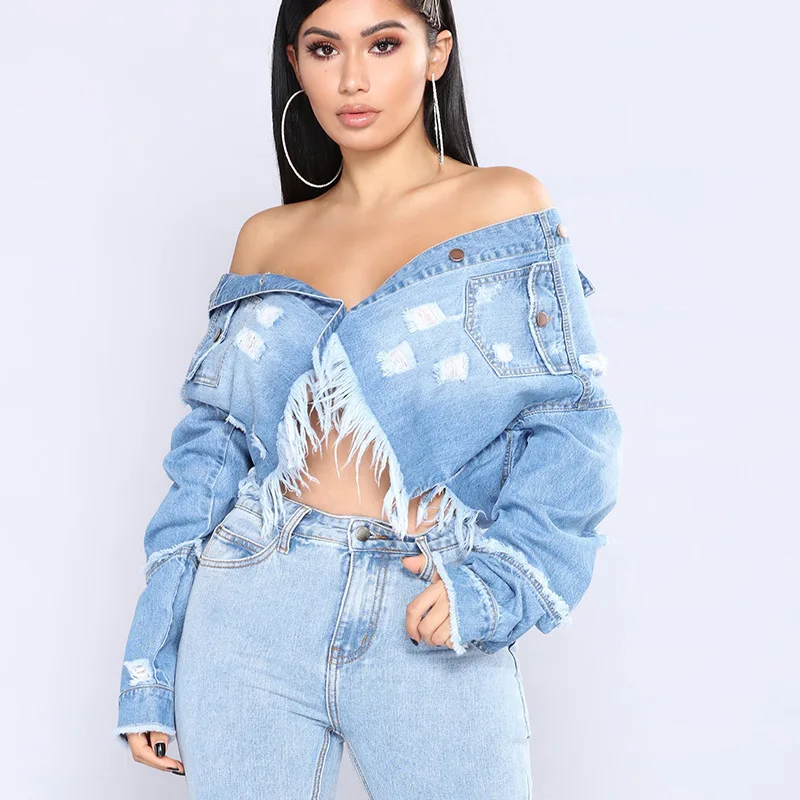 

2020 Short Jeans Jacket for Women Worn Tassels Style Cropped Blue Jacket Sexy Streetwear Long Sleeves Coat Autumn Lapel Cowboy