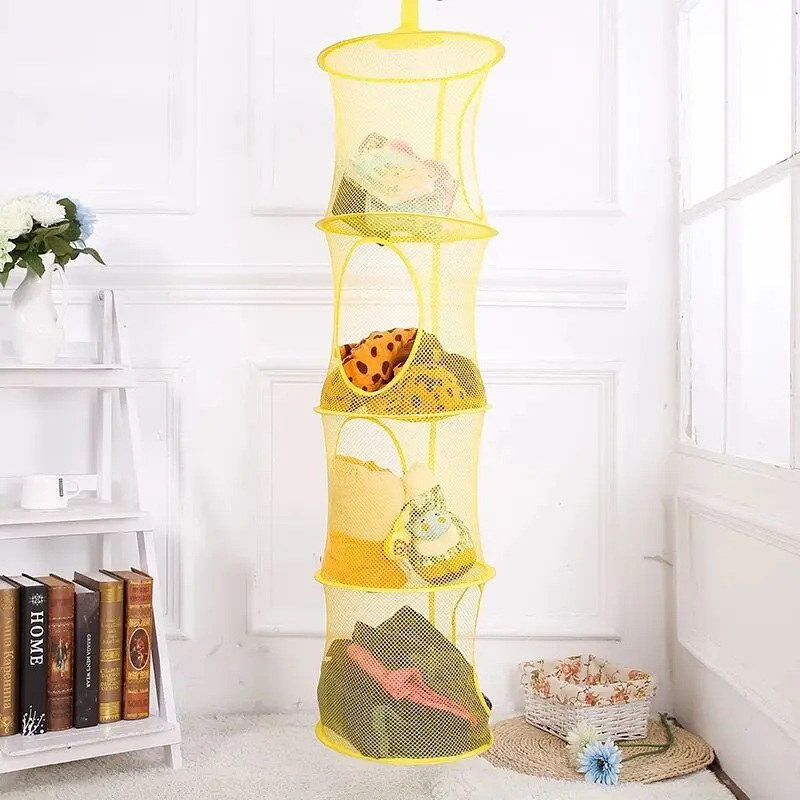 

Colorful Collapsible Storage Net Hanging Basket Breathable Four-lattice Air Drying Cylindrical Basket Blue/ Yellow/ Grey