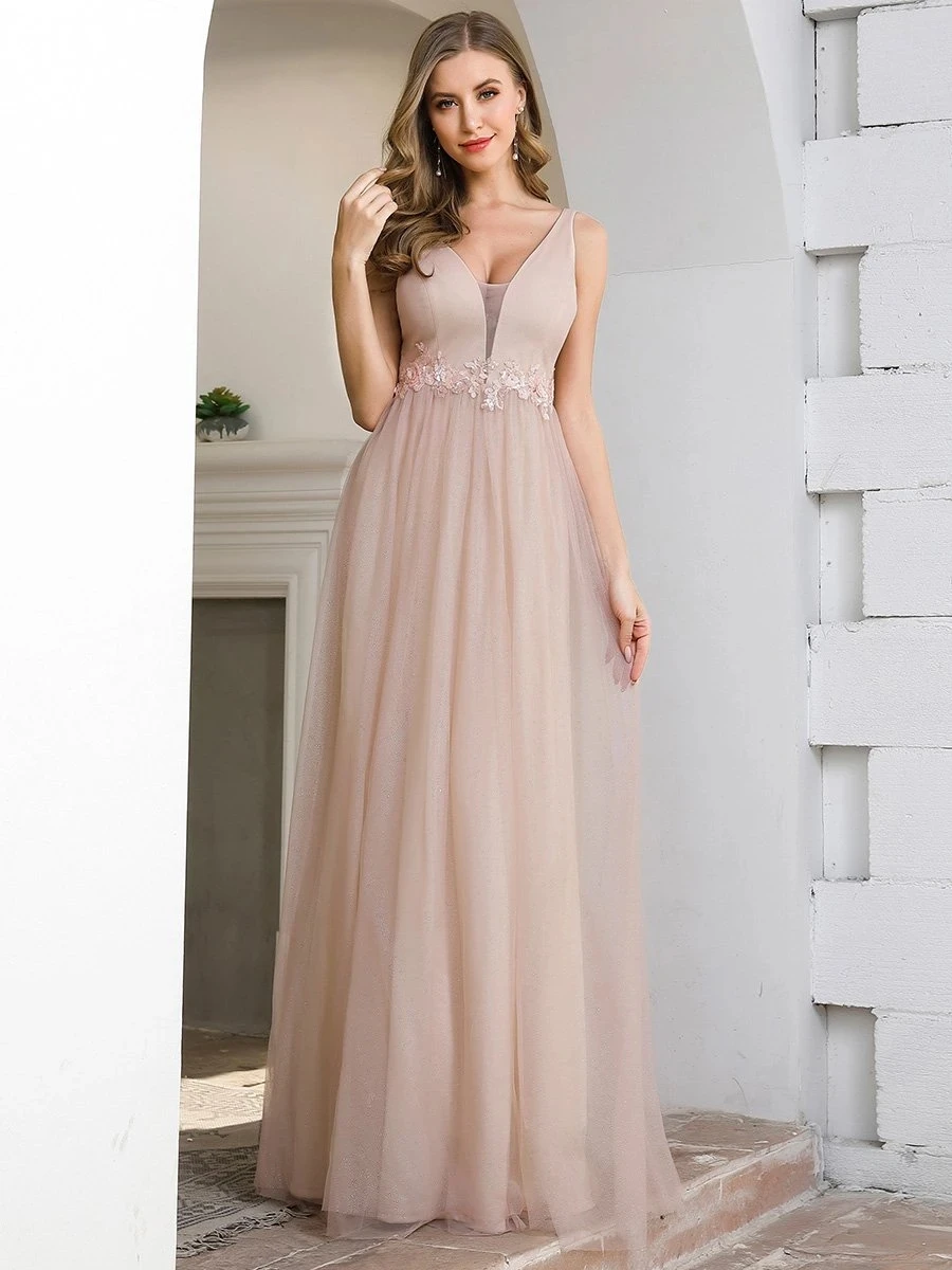 

Ever Pretty Bridesmaid Dress Fashion V Neckline A-Line Tulle Wholesale Graduation Dresses With Floral Appliques Vestidos De Gala