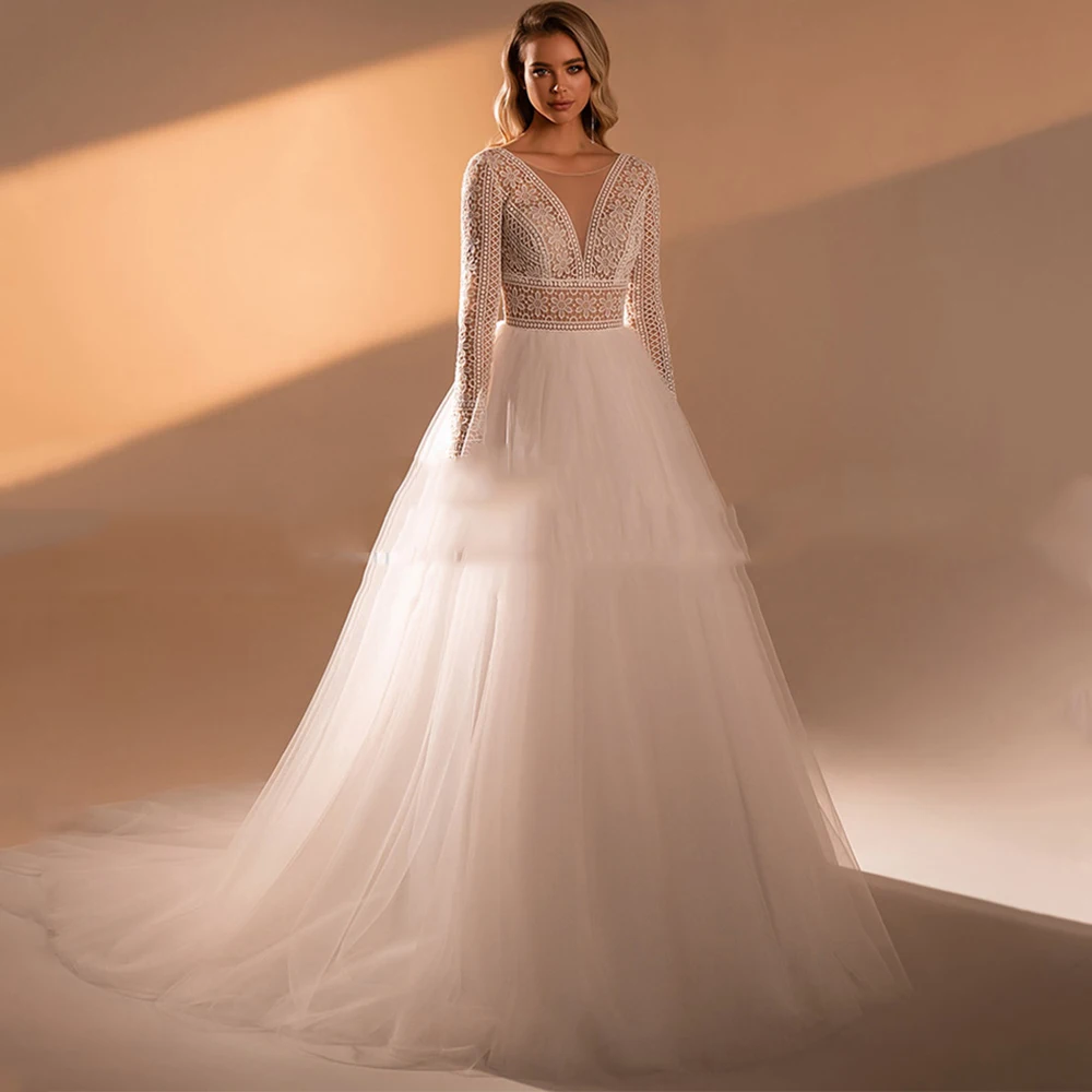 

Женское кружевное свадебное платье, очаровательное ТРАПЕЦИЕВИДНОЕ Тюлевое платье с V-образным вырезом, длинным рукавом, на пуговицах, со шл...