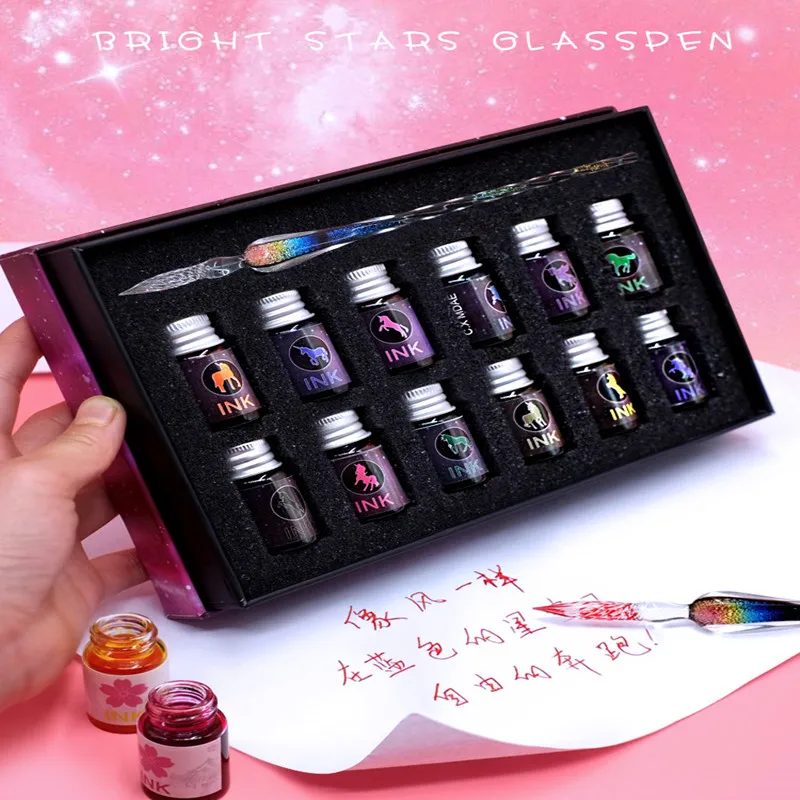 Ручка плюс 12 бутылок цветных чернил Канцелярский набор Стеклянная канцелярия