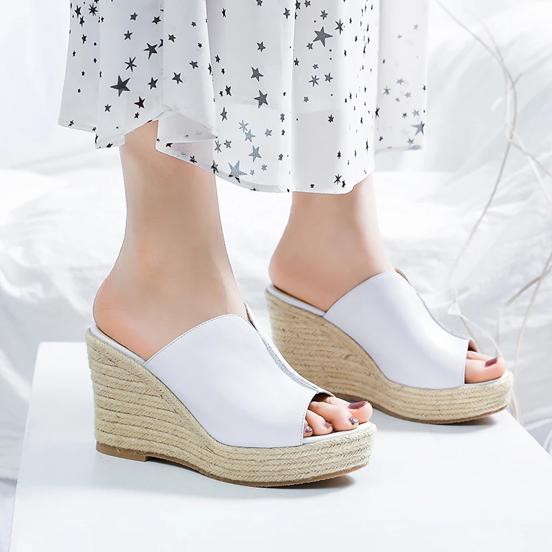 

Women's genuine leatehr wedge platform slip-on summer numes high heel open toe summer slides female comfortable slides shoes hot