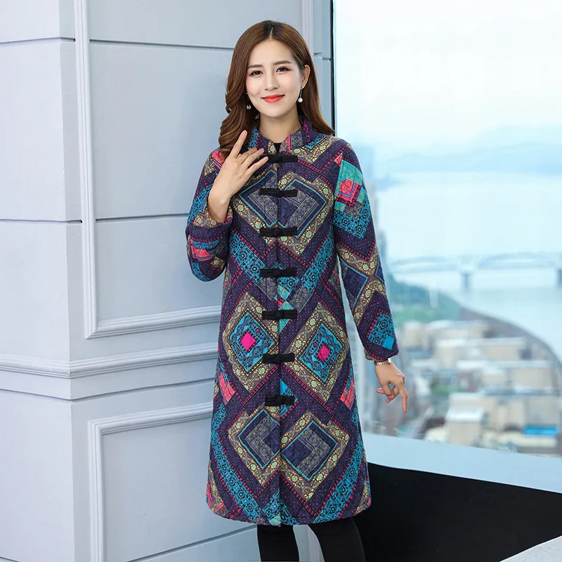 

Long winter cotton coat coat women 2019 new print Chinese style autumn cotton coats jacket female Plus size parka jacket 5XL