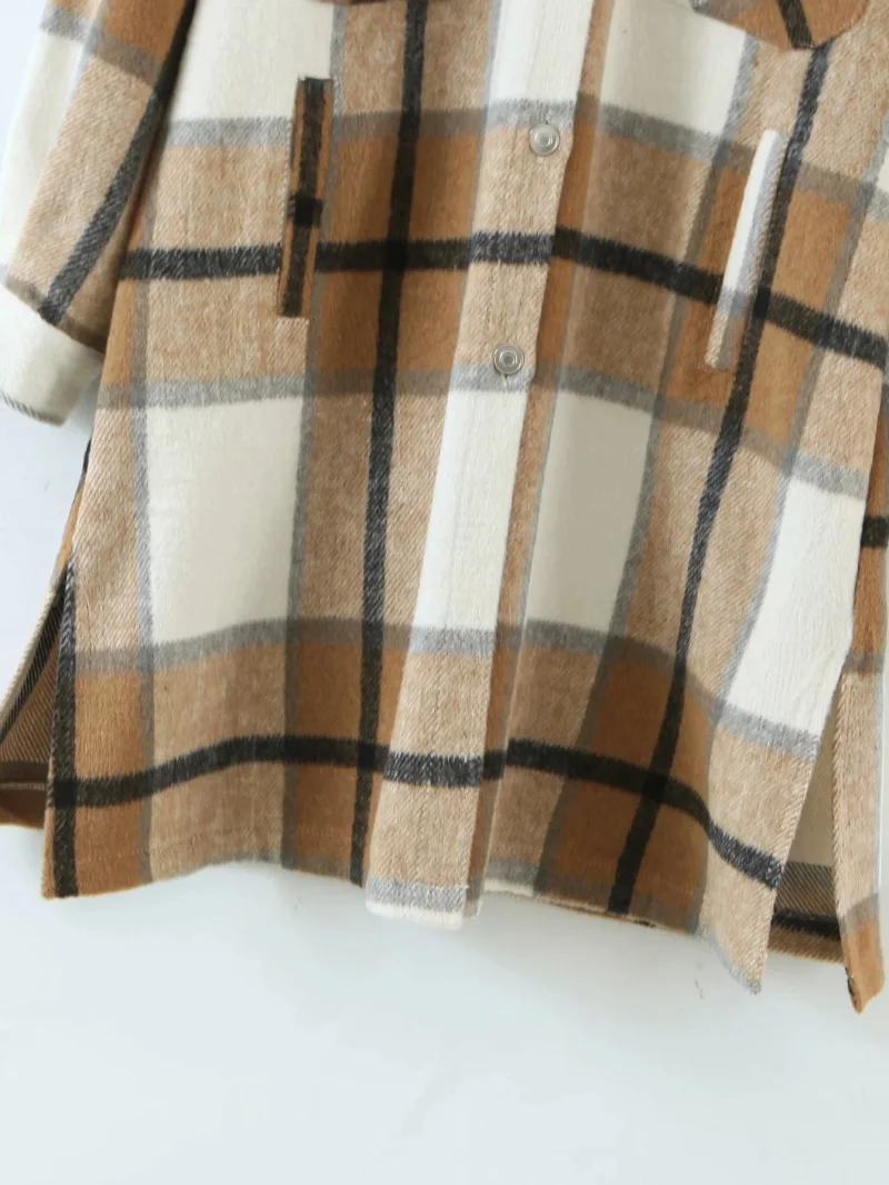 

Stylish Women Khaki Plaid Long Woolen Jacket Female Fashion Turn-down Collar Coat Girls Chic Outerwear