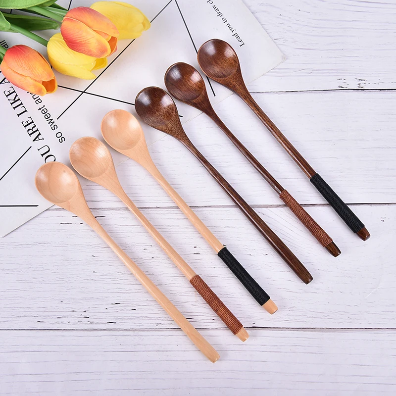 

1pcs/6pcs Natural Wooden Spoon Tableware Spoon Anti-scald Tea Coffee Stirring Spoons Long Handle Spoon Kitchen Utensil Tool