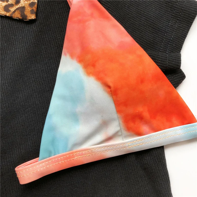 

2Pcs Women Tie-dyed Bikini Suit Swimsuit Printed Off-Shoulder Sleeveless Beachwear Push Up Adjustable Shoulder Strap Biquini